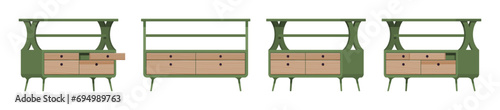 Drawer small green nightstand with open shelf, flat tabletop set. Bedroom, entryway table, display for lamp, photos. Vector flat style cartoon home, office furniture objects isolated, white background
