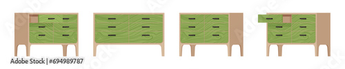 Drawer chest, dresser, nightstand storage, bedroom green set. Closet, living room, entry table item for organizing. Vector flat style cartoon home, office furniture objects isolated, white background