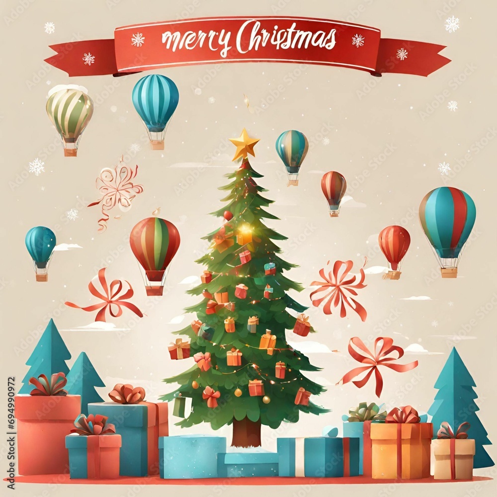 Christmas greeting background equipped with Christmas trees, gifts, etc