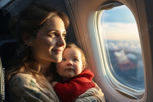 young woman mother with her baby looking out the airplane window