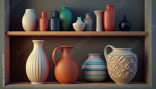 Ceramics vases on the shelf. Ai generated image.