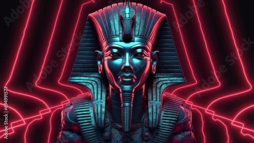 Anchient Egypt statue with neon wave lights in the style of electronic music background in 4K