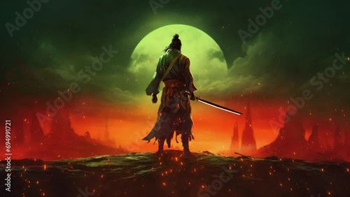Samurai warrior with katana sword in front of mountain and sun. Fire sparkles and flying petals 4K background photo