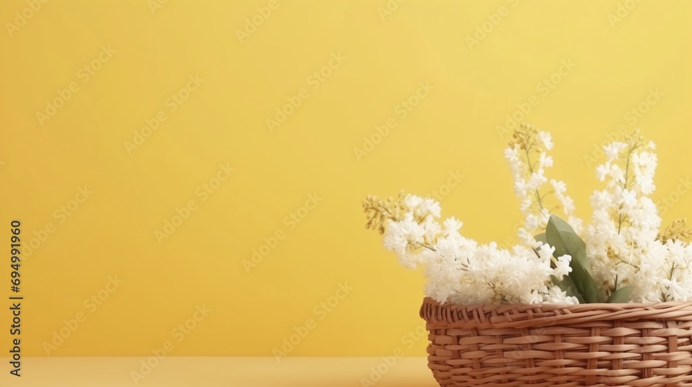 White Flowers in Woven Basket with Sunny Yellow Background for Modern Minimalistic Design and Spring Decor Inspiration