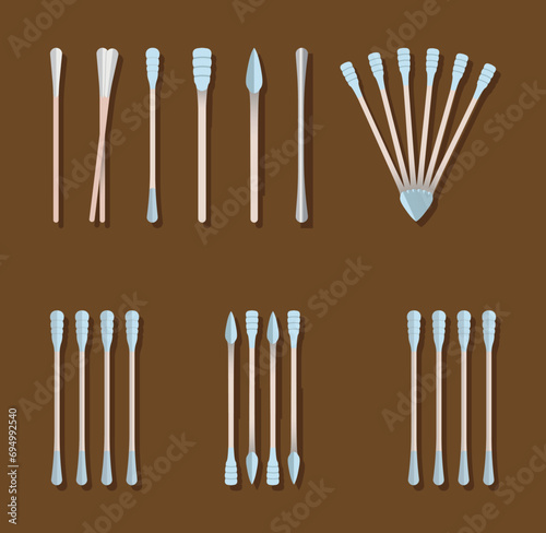 Cotton Swab Vector Illustration Set With Clip Art White Background And Cotton Swab Isolated Symbol. Stick Cotton Medicine, Outline Clip Art Health Care, Cotton Swab Safety Tool.