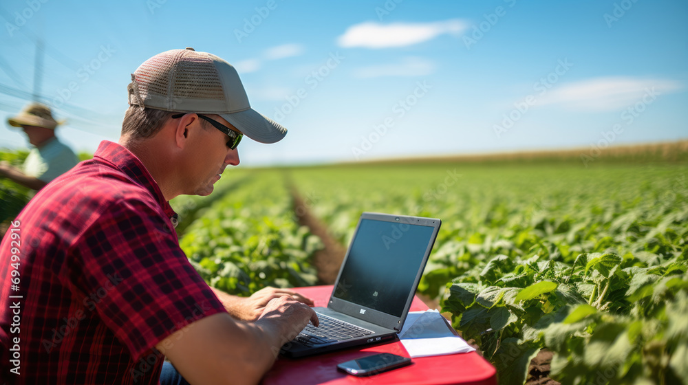 Man in a hat working on a laptop while sitting in a cornfield