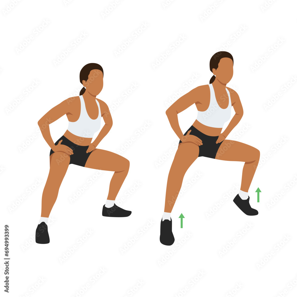 Woman doing Wide squat with calf raises exercise. Flat vector illustration isolated on white background