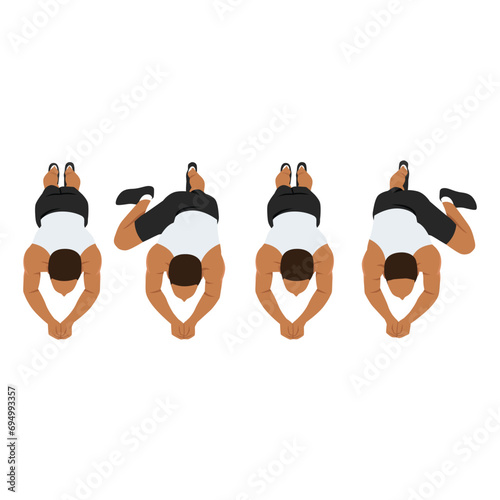 Man doing Abdominal exercise position introduction with Plank Knee to Elbow top or front view guide. HIIT workout. Flat vector illustration isolated on white background