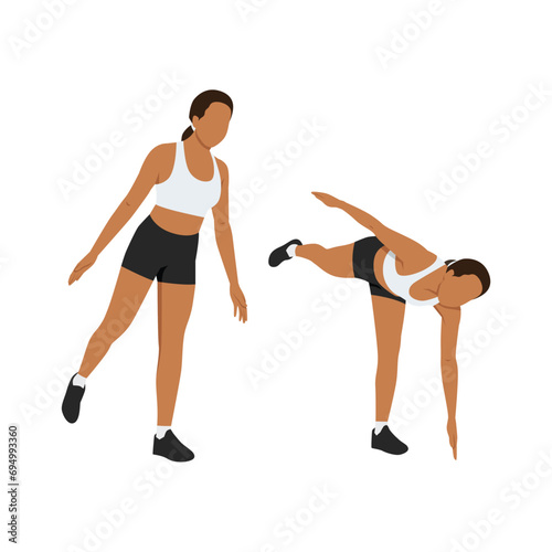 Woman doing exercise with body toe touches. Pivoting , hamstrings and erector spinae. Flat vector illustration isolated on white background