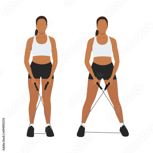 Woman doing Resistance band crab walk exercise. Flat vector illustration isolated on white background