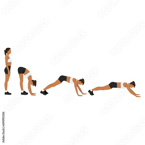 Woman Doing Inchworm Walking Exercise Fitness Home Workout Guidance. Flat vector illustration isolated on white background