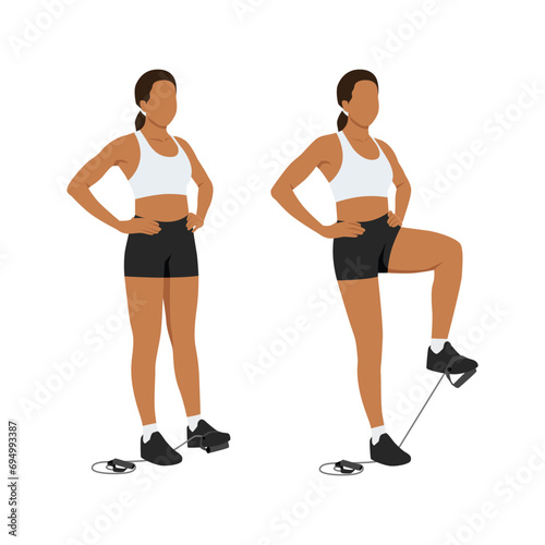 Woman doing Resistance band knee lift. Standing knee raises. Abdominal exercise. Flat vector illustration isolated on white background