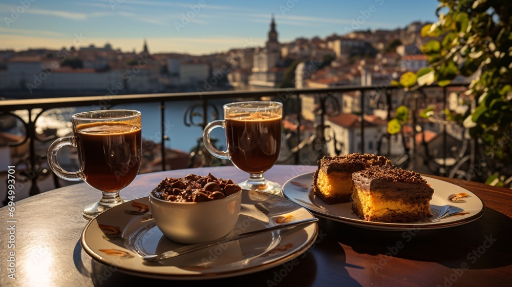 Fototapeta premium Enjoy a view of the Portuguese town while indulging in a pair of glasses of wine, two cups of freshly brewed espresso, and a classic Portuguese bolo de mel dessert made with honey and nuts.