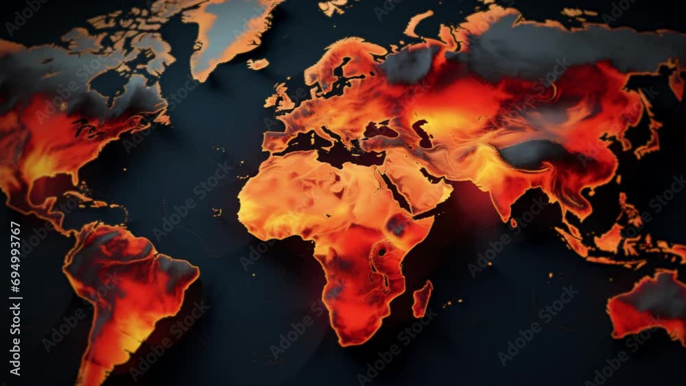 animated world map with the continents, showing different heat zones, fire and flames representing global warming, desertification and environmental issues