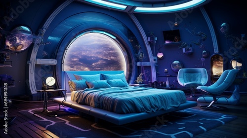 The otherworldly Galactic Dreams Bedroom, featuring a bedroom with cosmic-inspired decor, LED lights, and futuristic elements that create an immersive and dreamy space with a touch of the cosmos. © Naksh