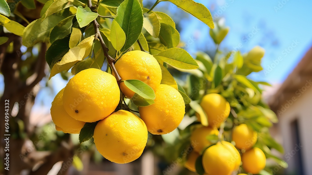 Ripe Yellow Lemons on Branch. Fresh Citrus Harvest