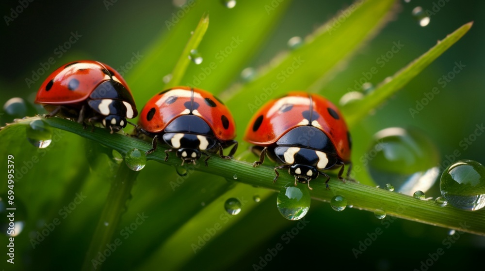 Fototapeta premium Ladybugs family on a dewy grass. Close up with shallow DOF