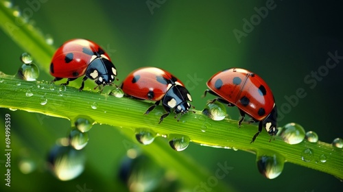 Ladybugs family on a dewy grass. Close up with shallow DOF photo