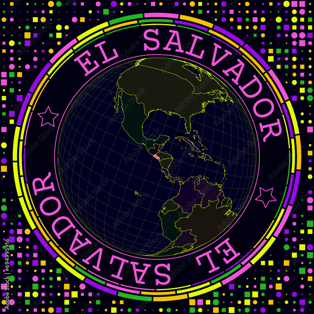 Futuristic El Salvador on globe. Bright neon satelite view of the world centered to El Salvador. Geographical illustration with shape of country and geometric background. Neat vector illustration. Futuristic El Salvador on globe. Bright neon satelite view of the world centered to El Salvador. Geographical illustration with shape of country and geometric background. Neat vector illustration.