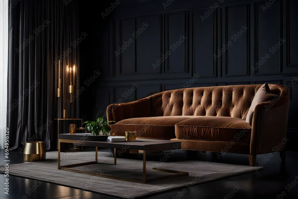 Fototapeta premium Modern interior design with upholstered furniture set against a traditional dark wall for the home or business.