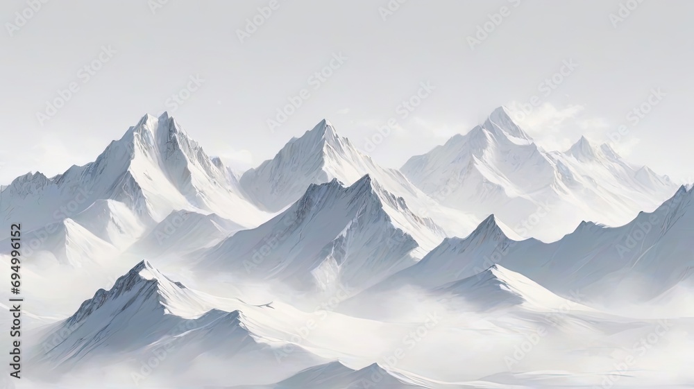 Fototapeta premium Peaks of Serenity. Snowy Mountains Stand Tall, Gracefully Separated on a Blank Canvas of White Elegance.