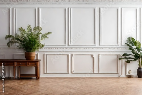 Background of a white classic wall  brown parquet flooring  detail of furniture in the home  frame  and plant vase.