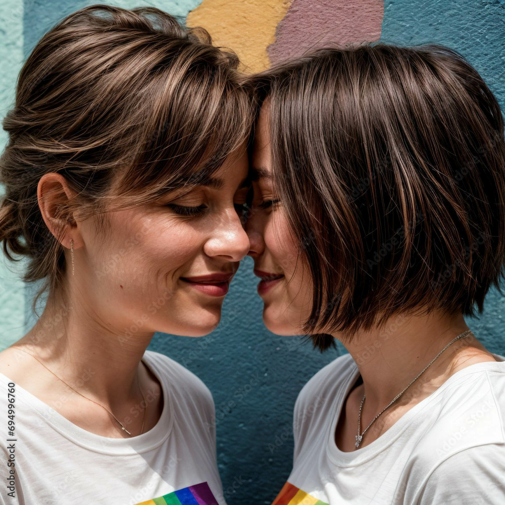 LGBT lesbian couple in love shares tender moment, girlfriends smiling, close-up photo. Romantic scene between two loving women. LGBT lesbian couple in love shares tender moment, girlfriends smiling, close-up photo. Romantic scene between two loving women.