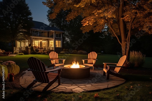 Outdoor fire pit in the backyard with lawn chairs photo