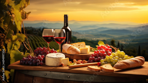Bottle and glasses of wine with grapes, cheese and food On Barrel In Vineyard in rural landscape scene photo