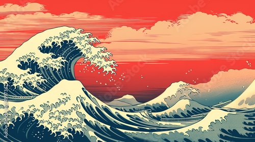 Great ocean wave as Japanese vintage style illustration photo