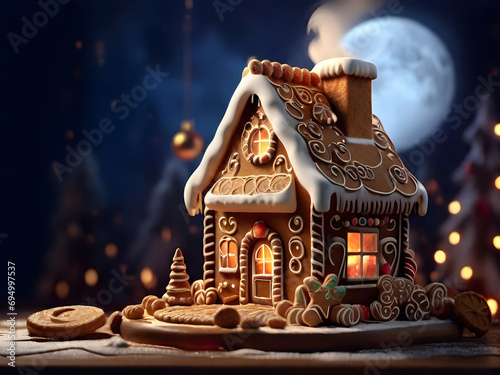 Christmas Gingerbread House with Window Lights in Winter Snowy Forestat Night. Creative Food Decoration Design for Xmas Holiday over Dark Background with Copy Space