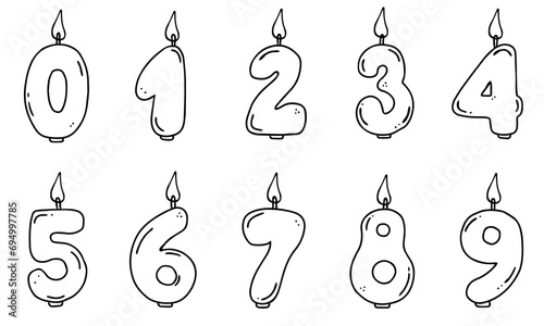 Set of Birthday candle numbers with burning flames in doodle style. Decoration for cake. For greeting card, banner, invitation, stickers. photo