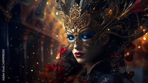 Portrait of beautiful woman in carnival mask. Generative AI.