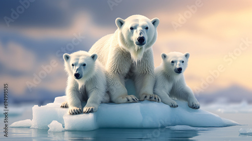  A group of three polar bears sitting on top of an ice