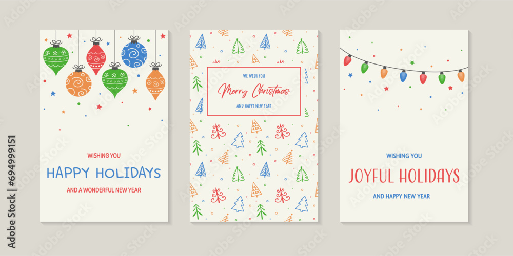 Collection of colourful Christmas greeting cards. Hand drawn tree, bauble and lights. Vector illustration