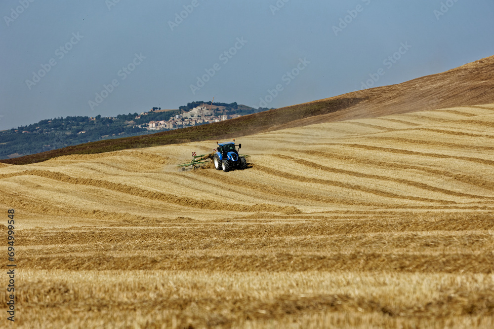 Obraz premium Harvester tractor at work in a wheat field in the Tuscan countryside wheat Working the land for ecological Nature and eco corn dough green ecology farmers protest tractors 