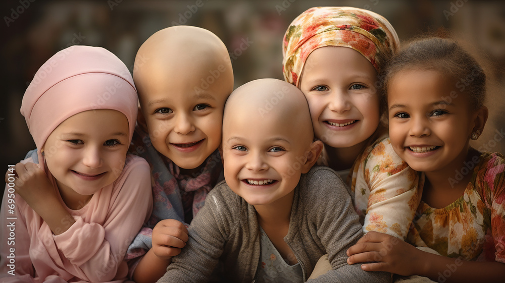 Portrait of cute little cancer patient girls in headscarf smiling at camera