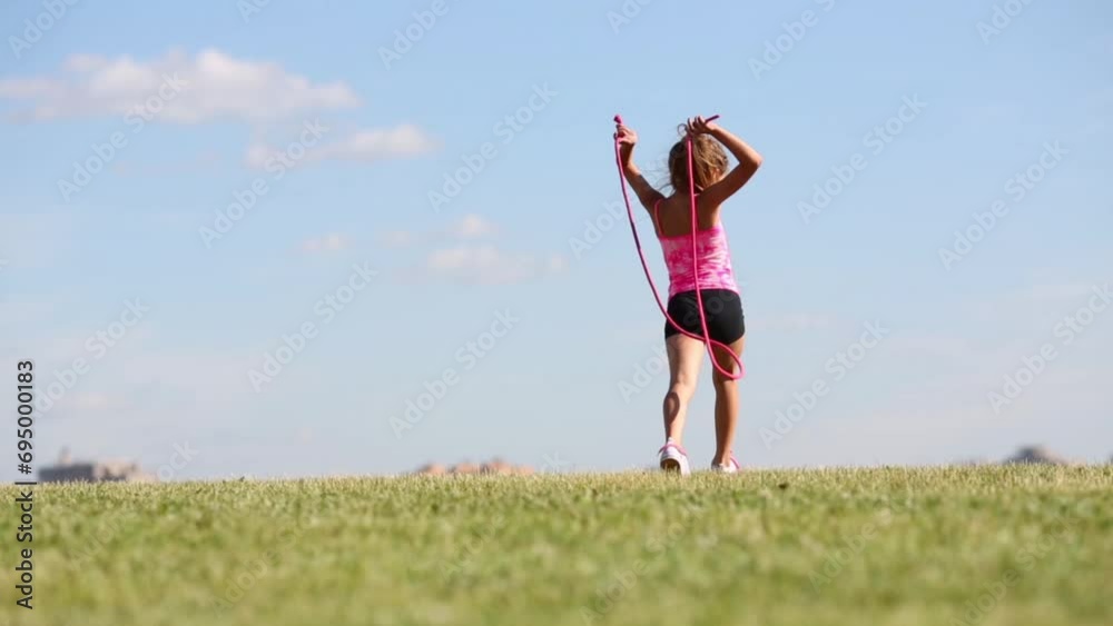 Back of little girl in shorts running with jump rope on grass Back of little girl in shorts running with jump rope on grass