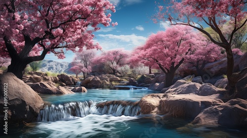 The waterfall flows fast and clear between bright pink cherry trees