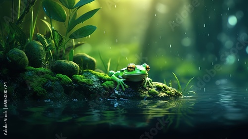 green frog floating in a rainforest river photo