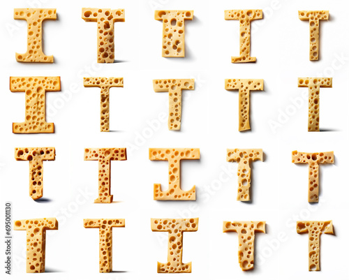 Group of various T shaped letters made from yellow cheese isolated on white background. Generative ai. Cheese font theme.