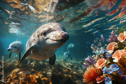 Dolphin swims under colorful sea represents the World Oceans Day