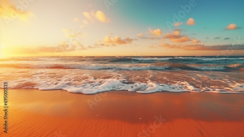 Seashore with sand in close-up. panoramic view of the beach. Motivate a lush beach with a beautiful horizon. Summertime ambiance of orange and golden sunset sky, peaceful