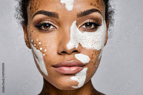 Beautiful african woman with vitiligo skin, female face with conceptual skin care makeup on gray background photo