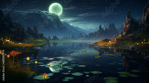 A surreal landscape with glowing fireflies dancing around a moonlit pond