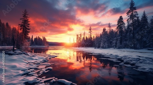 Spectacular sunset over winter forest lake