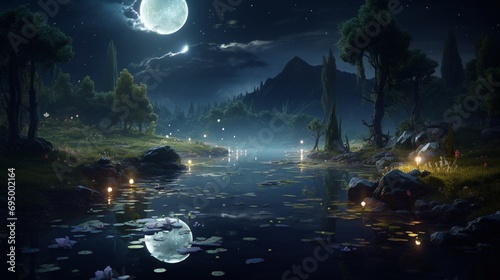 A surreal landscape with glowing fireflies dancing around a moonlit pond