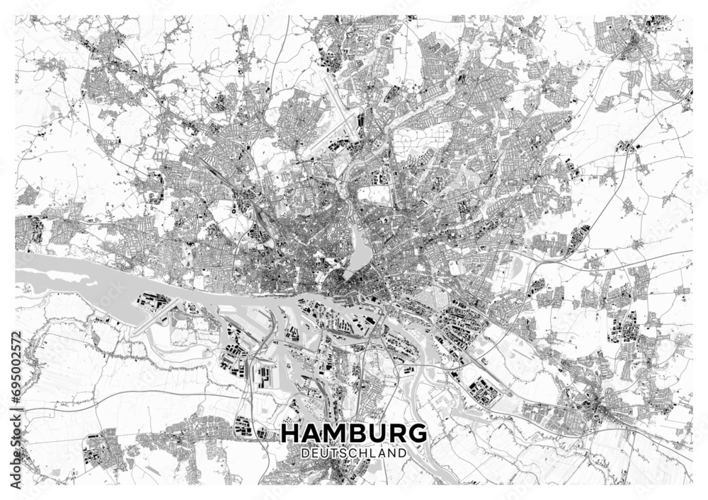 Hamburg map. Detailed light map poster of Hamburg (Germany). Natural features (lakes, rivers), various types of roads and buildings are grouped separately.