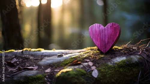 Close up of a fuchsia wooden Heart in a calm Forest. Blurred natural Background