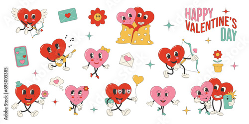 Set of isolated cartoon characters in heart shape in retro groovy style.Valentine's Day.Vectonic stock illustration.